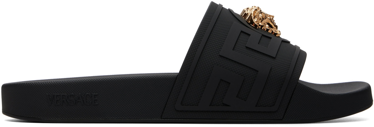 Versace Black 'La Medusa' Rubber Slides