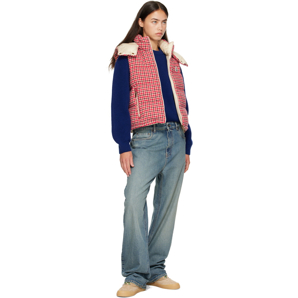 Moncler Red Niverolle Houndstooth Wool Blend Down Vest