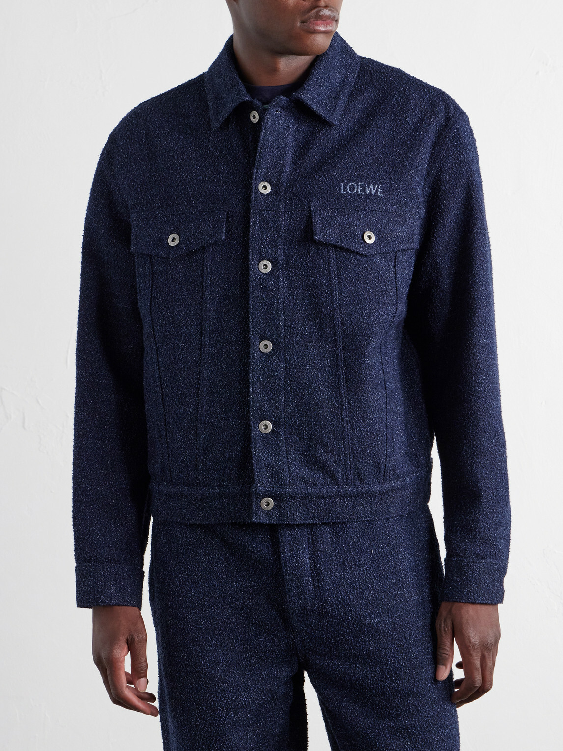 LOEWE - Logo-Embroidered Textured Denim Jacket - Blue