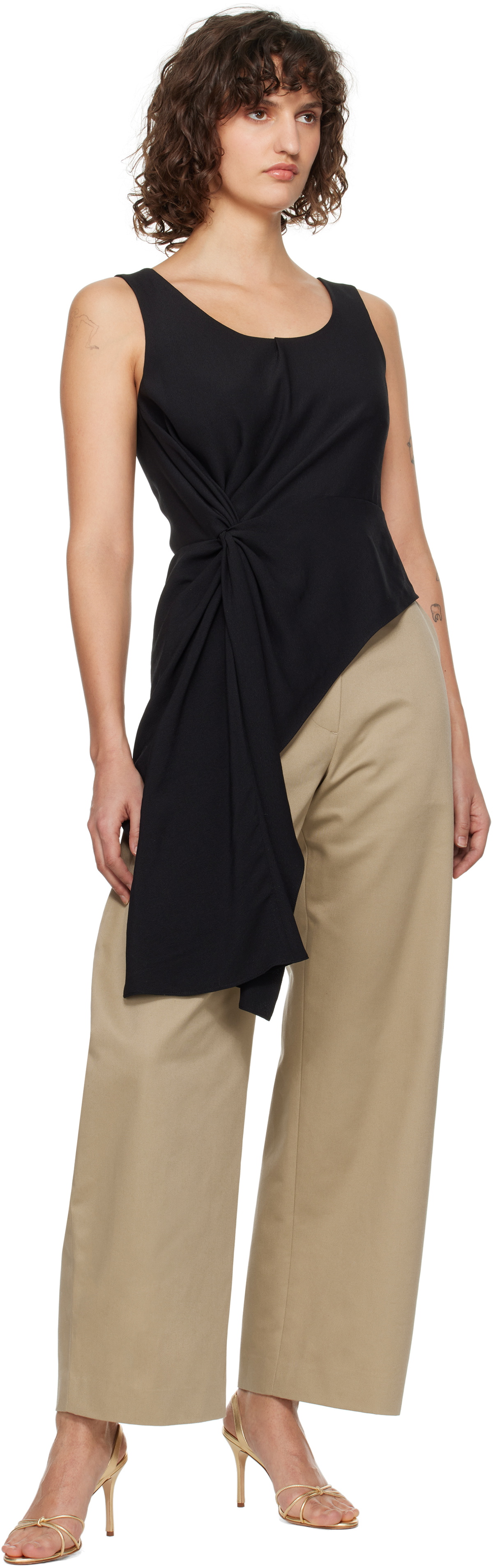RECTO Beige High-Rise Curved Legs Trousers