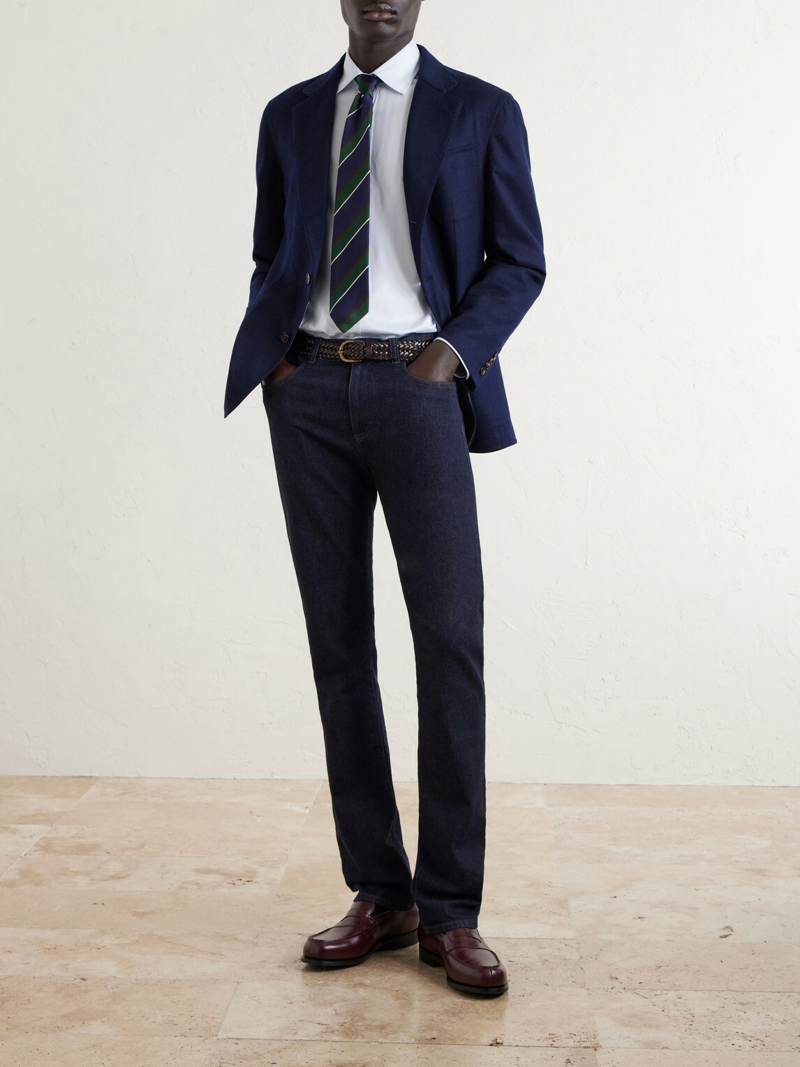 Dunhill - Cutaway-Collar Herringbone Cotton Shirt - Blue