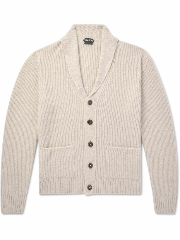 Photo: TOM FORD - Shawl-Collar Ribbed Cashmere and Silk-Blend Cardigan - Neutrals