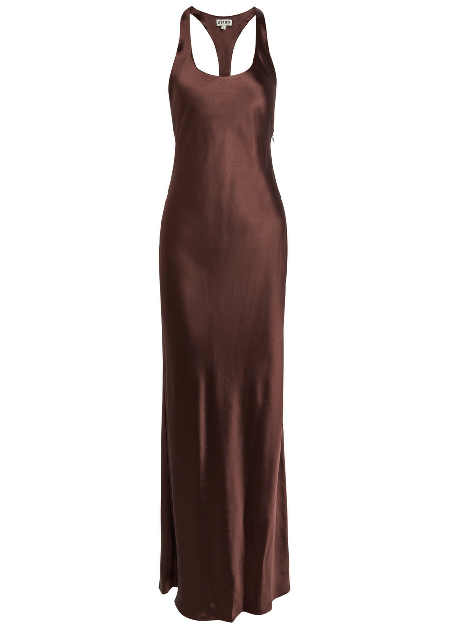 Staud Juanita Satin Maxi Dress Brown