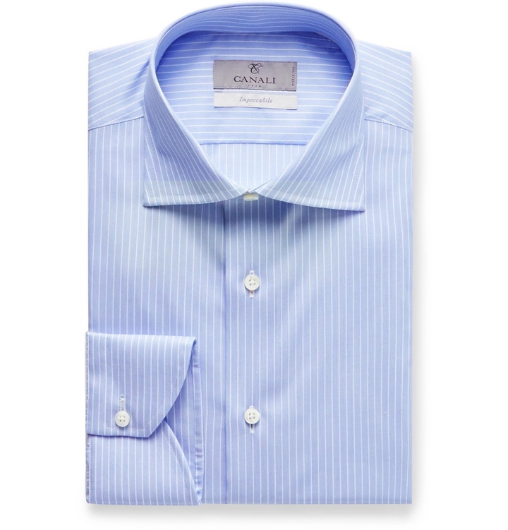 Photo: Canali - Light-Blue Impeccabile Slim-Fit Striped Cotton-Poplin Shirt - Blue