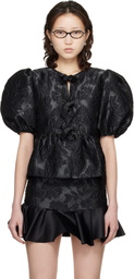 GANNI Black Satin Peplum Tie Blouse