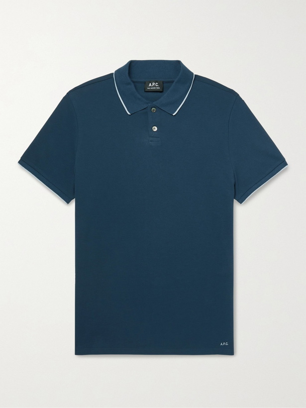 Photo: A.P.C. - Max Slim-Fit Contrast-Tipped Cotton-Piqué Polo Shirt - Blue
