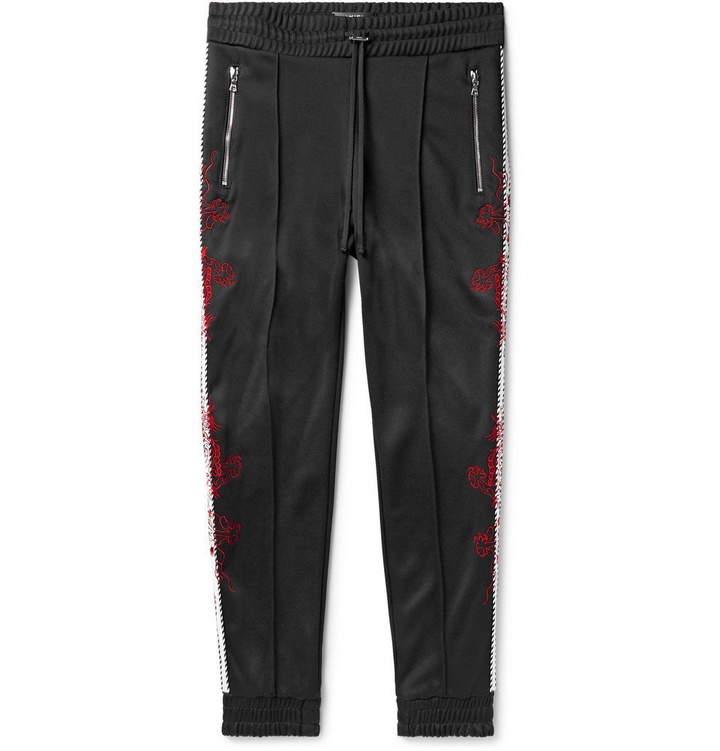 Photo: AMIRI - Slim-Fit Tapered Embroidered Webbing-Trimmed Tech-Jersey Track Pants - Black