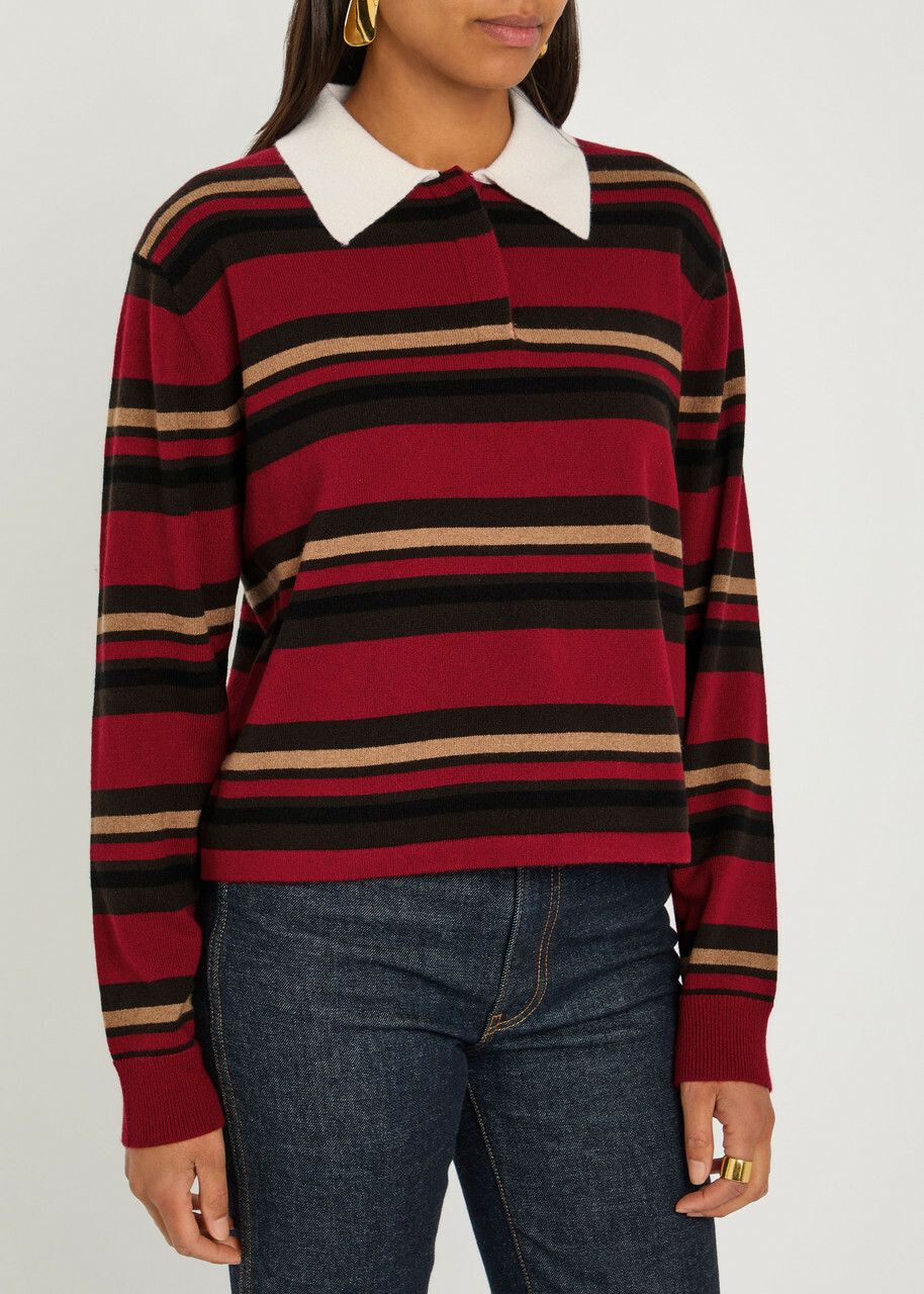 Amelia Stripe Cashmere Polo Top in Ivory/Blue