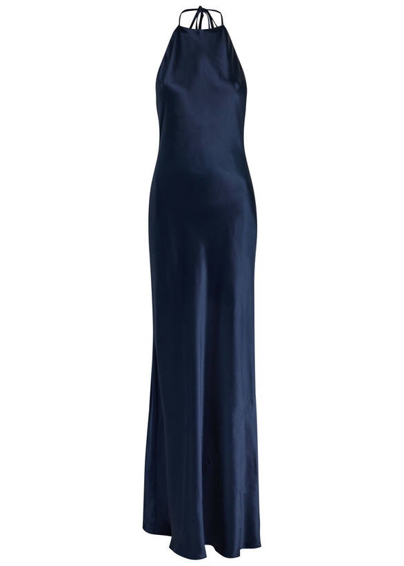 Photo: Reformation Jeany Halterneck Silk Gown Navy
