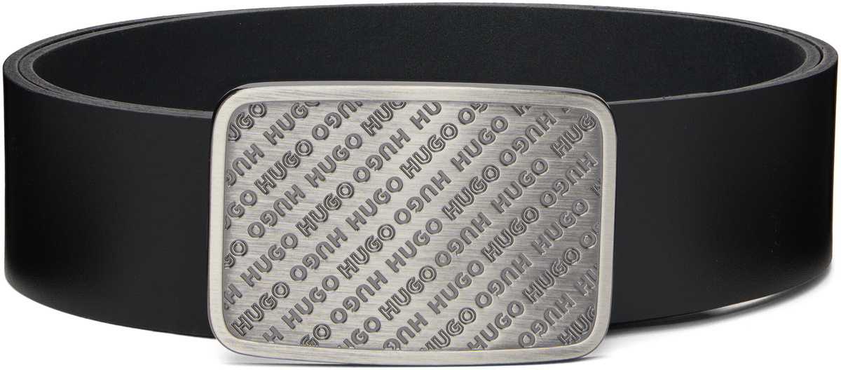 Hugo Black Leather Repeat-Logo Plaque Buckle Belt