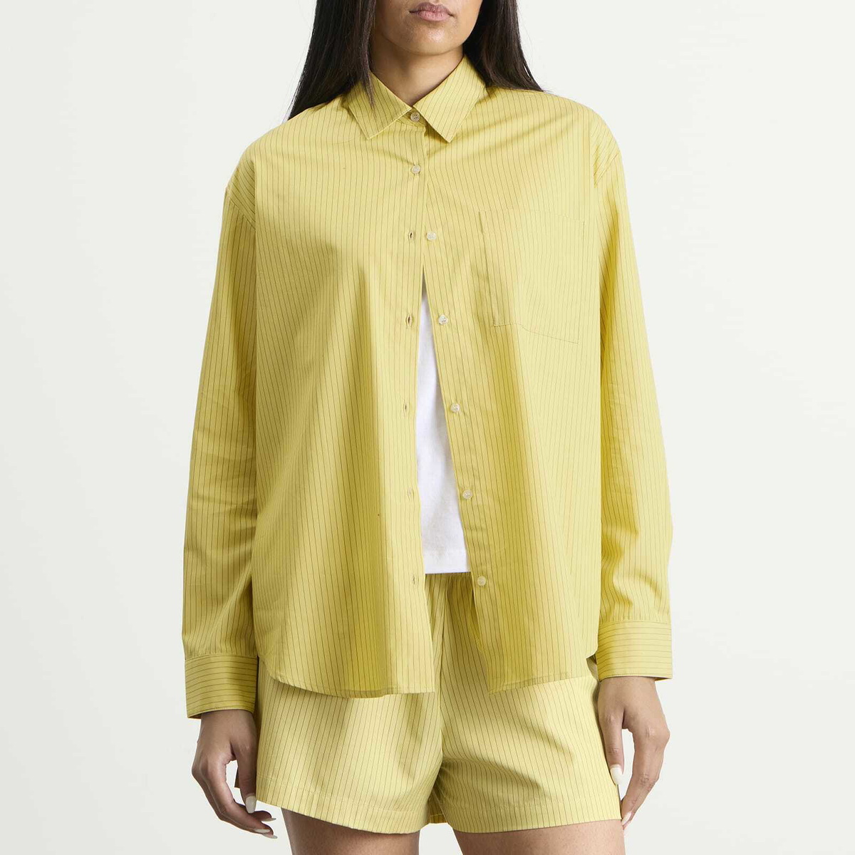 LESET Women's Yoshi Classic Button Down Shirt in Lemon/Chocolate Stripe