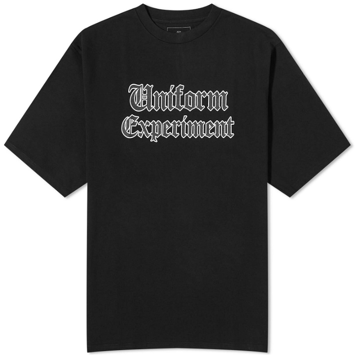 Photo: Uniform Experiment Men's Gothic Logo Baggy T-Shirt in Black