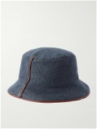 Loro Piana - Leather-Trimmed Logo-Embroidered Denim Bucket Hat - Blue