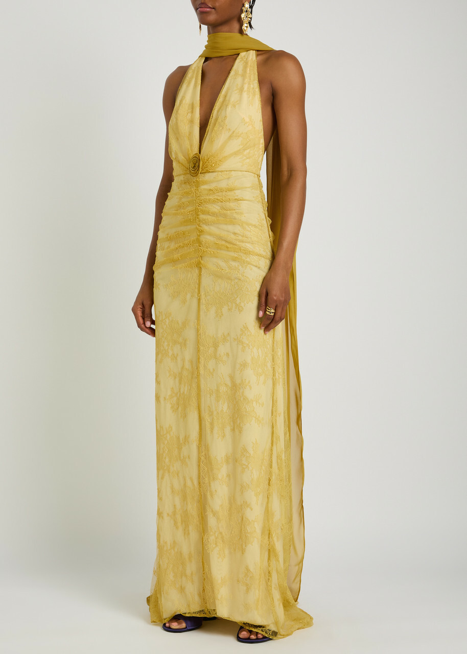 DE LA Vali Amora Scarf-effect Lace Gown Yellow