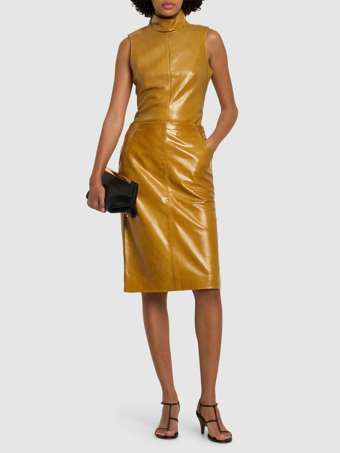 knee length dresses for ladies Women's Something to Behold Black Faux Leather Short Sleeve Belted Midi Dress | Size: S