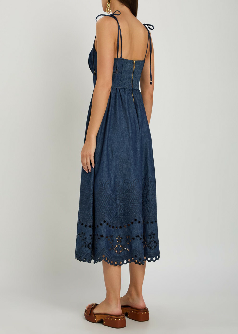 Zimmermann Mahon Broderie Anglaise Denim Midi Dress Navy