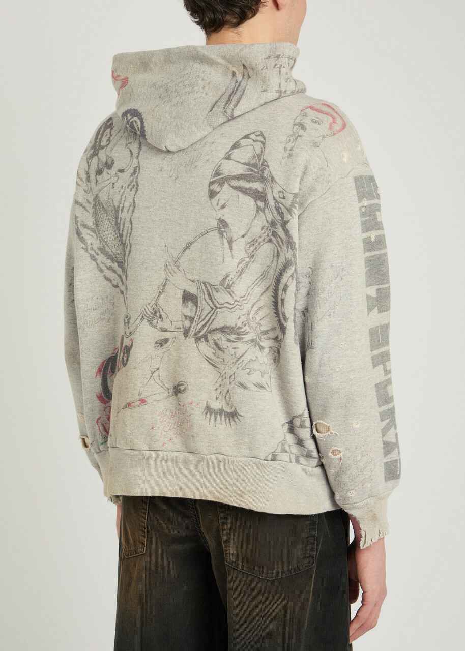 Saint Mxxxxxx X Alexis Drawing Distressed Hooded Cotton Sweatshirt Grey