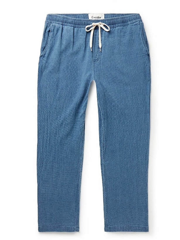 Photo: Corridor - Tapered Linen and Cotton-Blend Drawstring Trousers - Blue