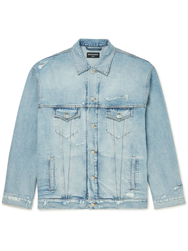 Photo: BALENCIAGA - Oversized Logo-Appliquéd Distressed Denim Jacket - Blue