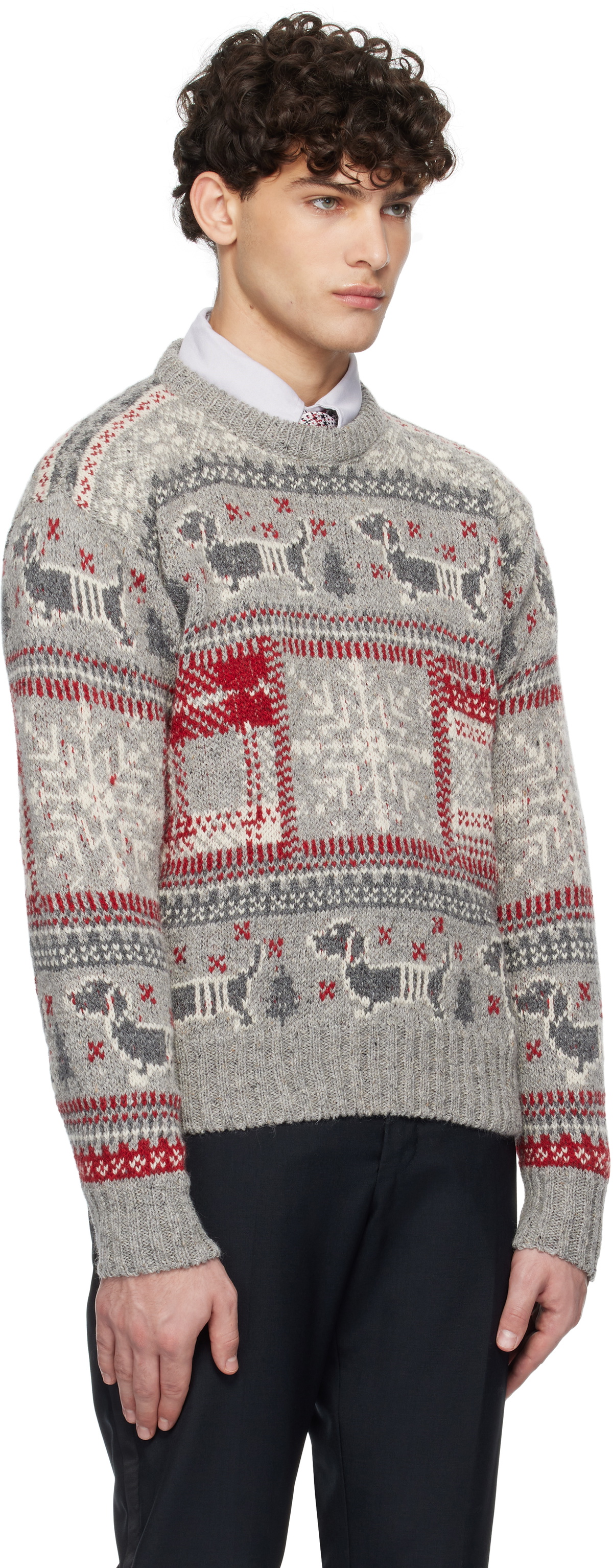 Thom Browne Gray & Red Holiday Hector Mohair Crew Neck Sweater