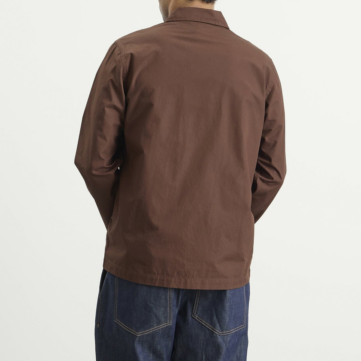 Universal Works Men's Peached Poplin Bakers Overshirt in Brown