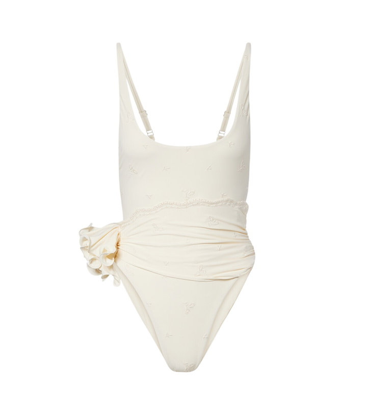 Photo: Magda Butrym Embroidered floral-appliqué draped swimsuit