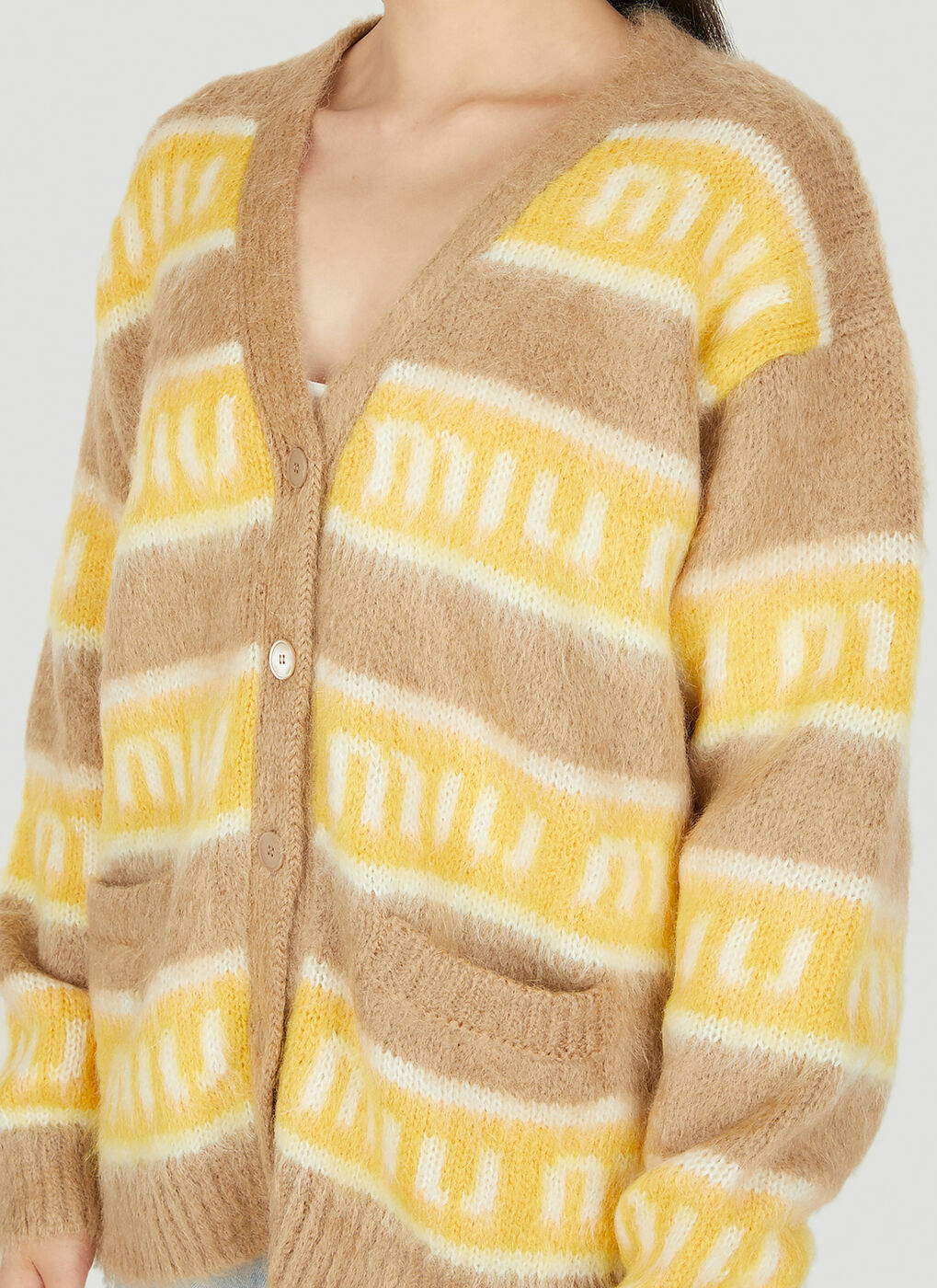 Logo Jacquard Cardigan in Camel Miu Miu Logo Jacquard Cardigan in Camel Miu Miu