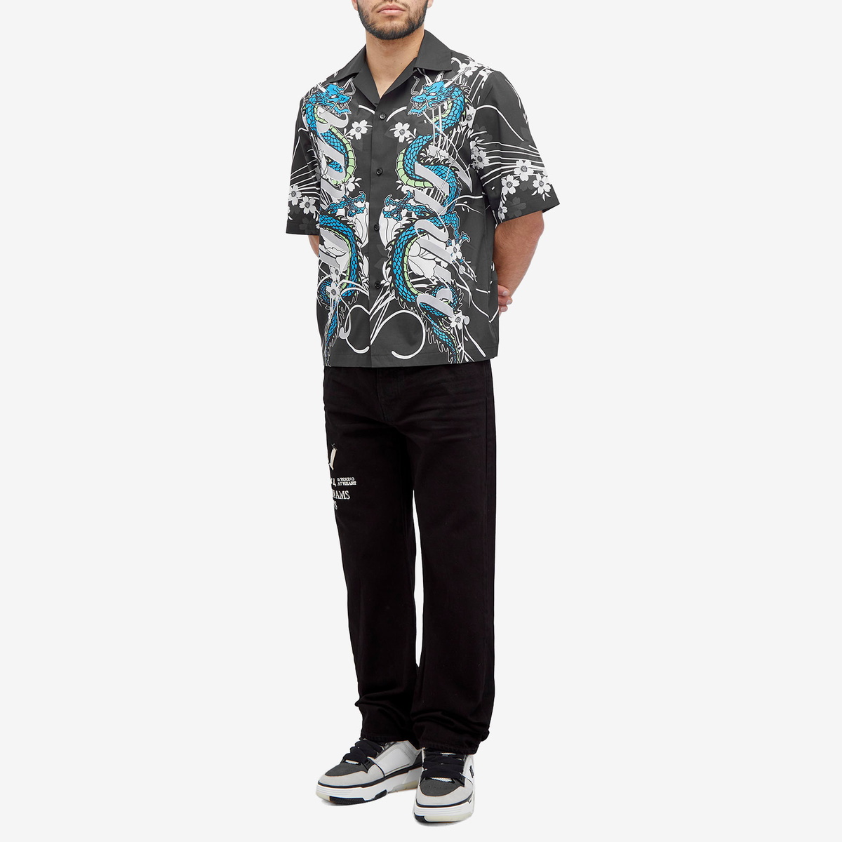 AMIRI Men's CNY Dragon Short Sleeve Vacation Shirt in Black