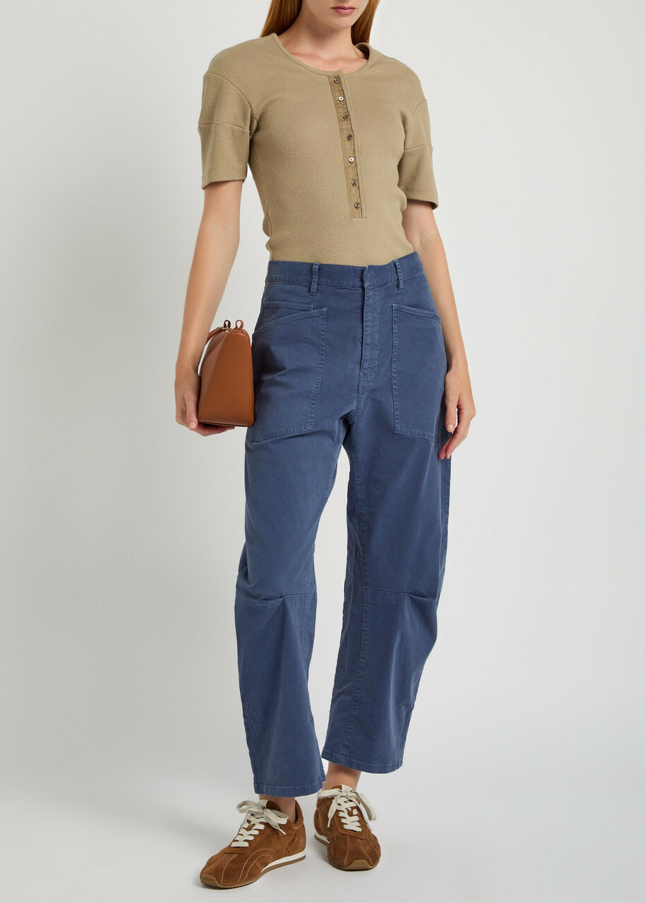 Nili Lotan Shon Barrel-leg Stretch-cotton Trousers Navy