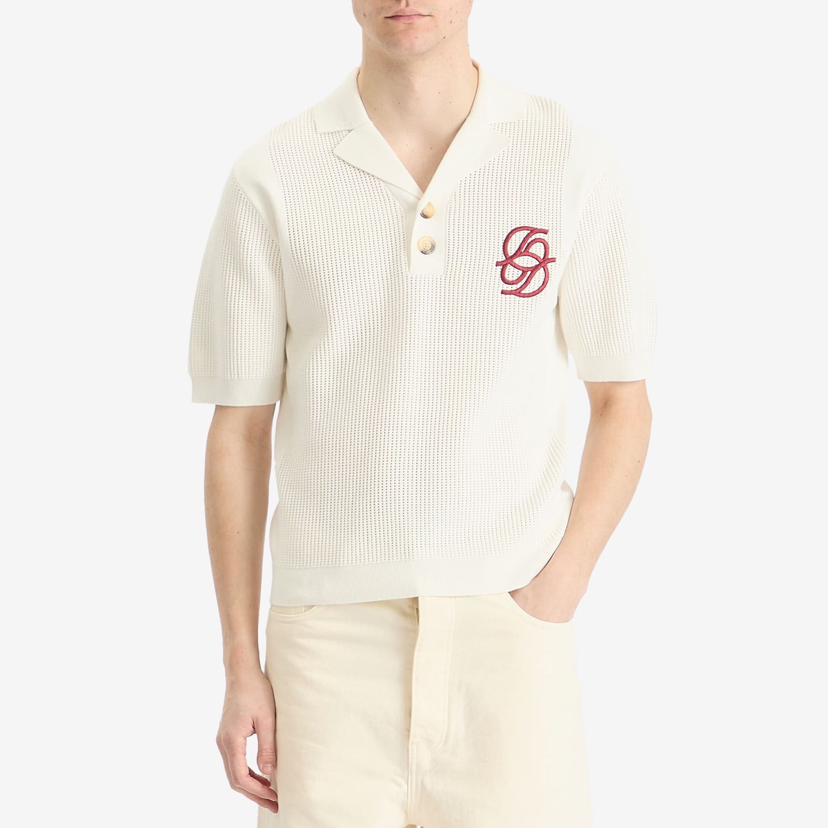 Drôle de Monsieur Men's Monogram Knit Polo in Cream