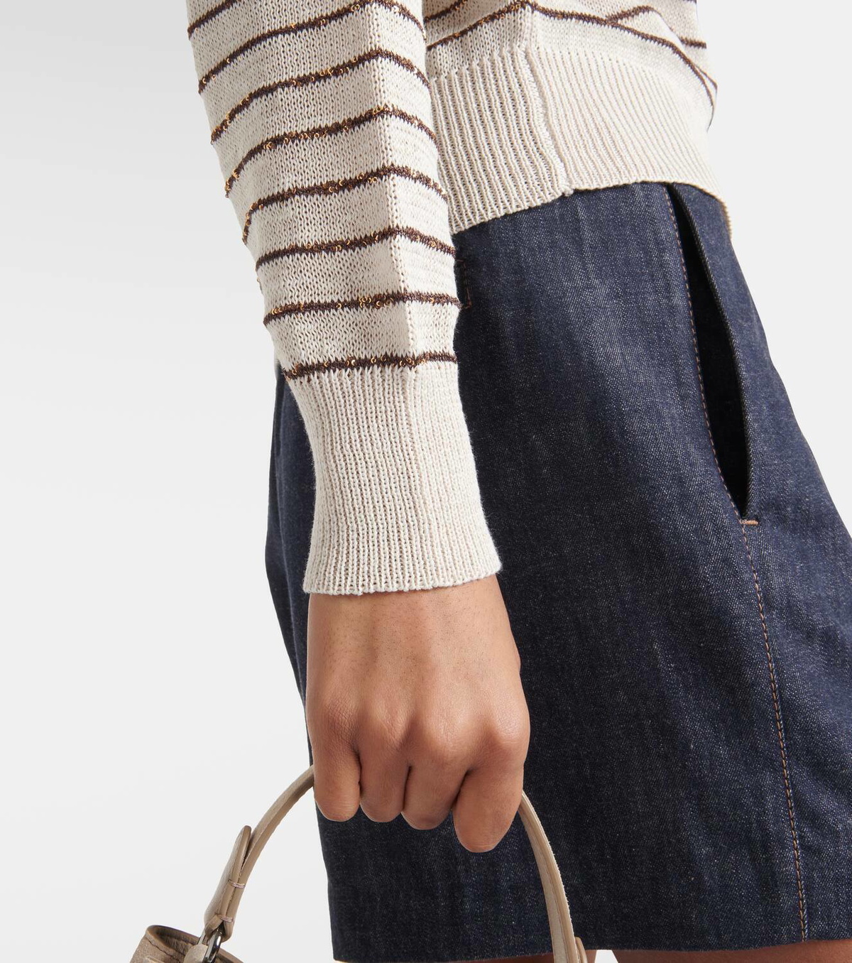 Brunello Cucinelli Women's Dazzling Chalk Stripe Embroidery Cotton Sweatshirt Piombo