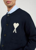 Ami Paris Logo-intarsia Wool-blend Cardigan Navy