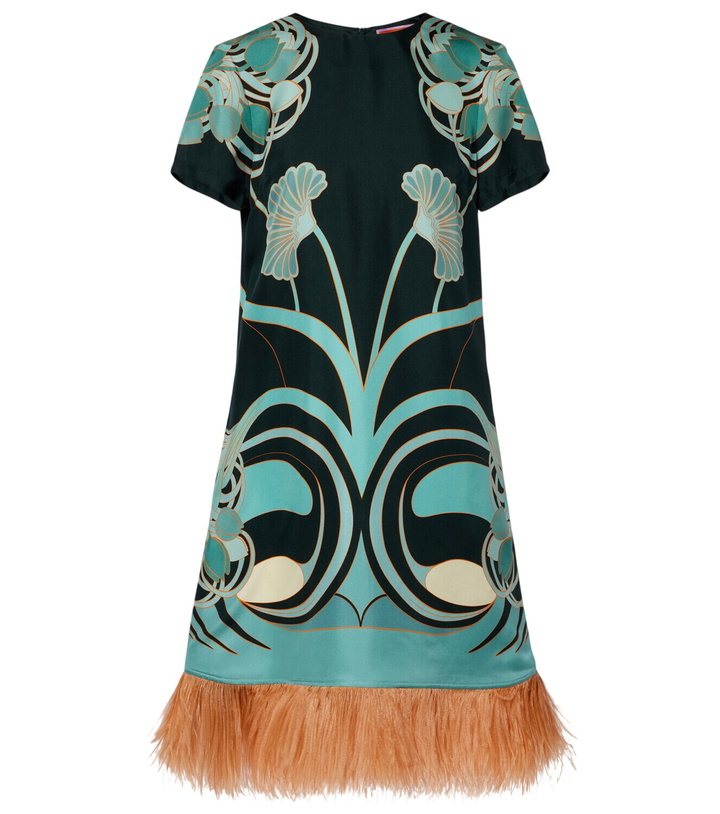 Photo: La DoubleJ Swing feather-trimmed floral silk twill minidress