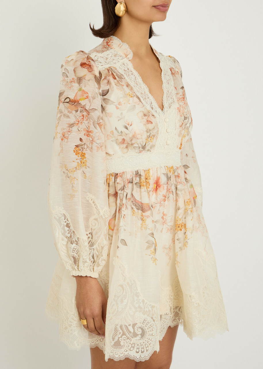 Zimmermann Luna Lace-trimmed Linen-blend Mini Dress Cream