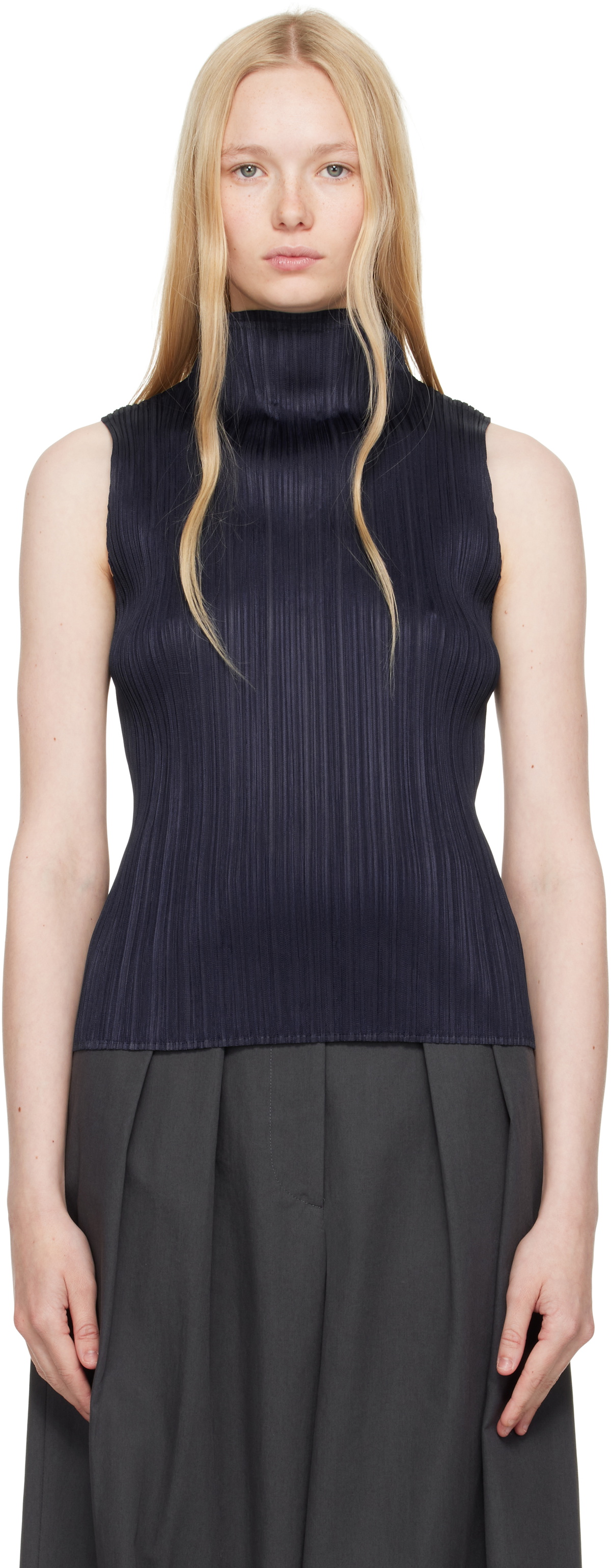 トップス PLEATS PLEASE PP41JO222 RAMIE PLEATS PLEATS PLEASE ISSEY MIYAKE Navy Ramie Pleats Top Pleats Please