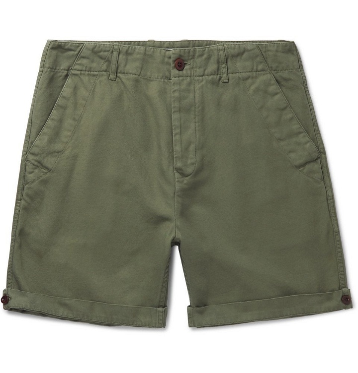 Photo: Mr P. - Garment-Dyed Peached Cotton and Linen-Blend Twill Shorts - Army green