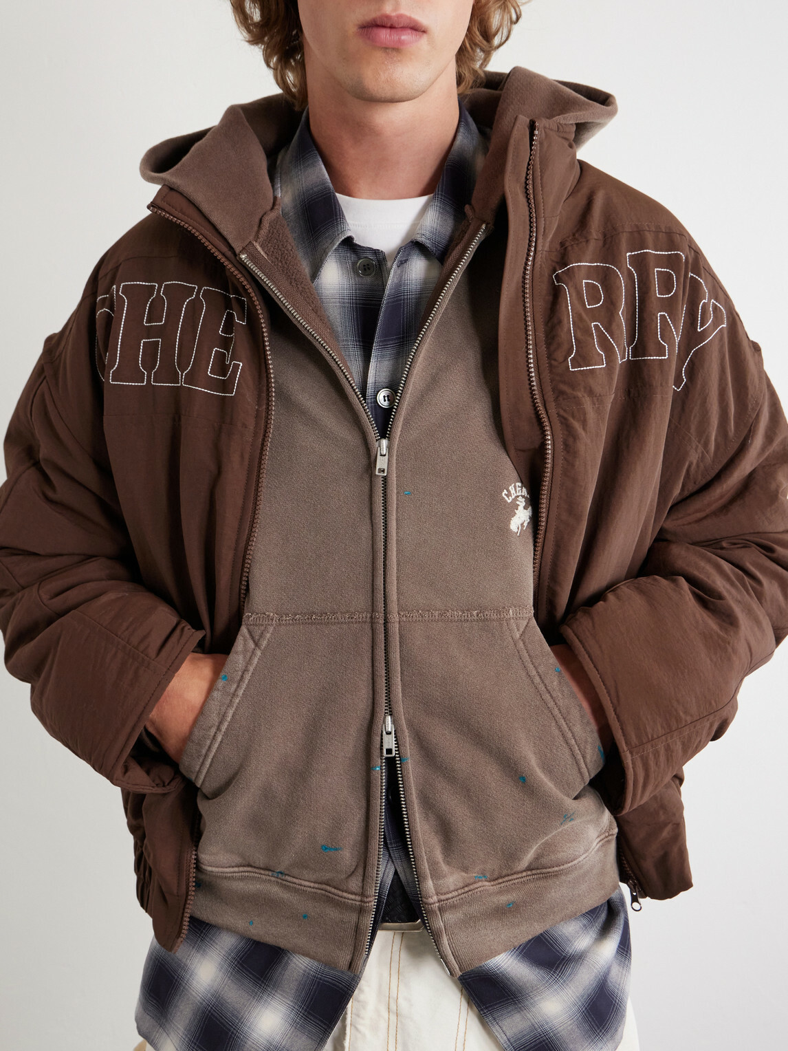 Cherry Los Angeles - Logo-Embroidered Paint-Splattered Cotton-Jersey Hoodie - Brown