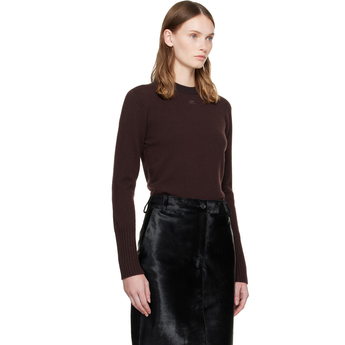 Courrèges Brown Lambswool Fitted Crewneck Sweater