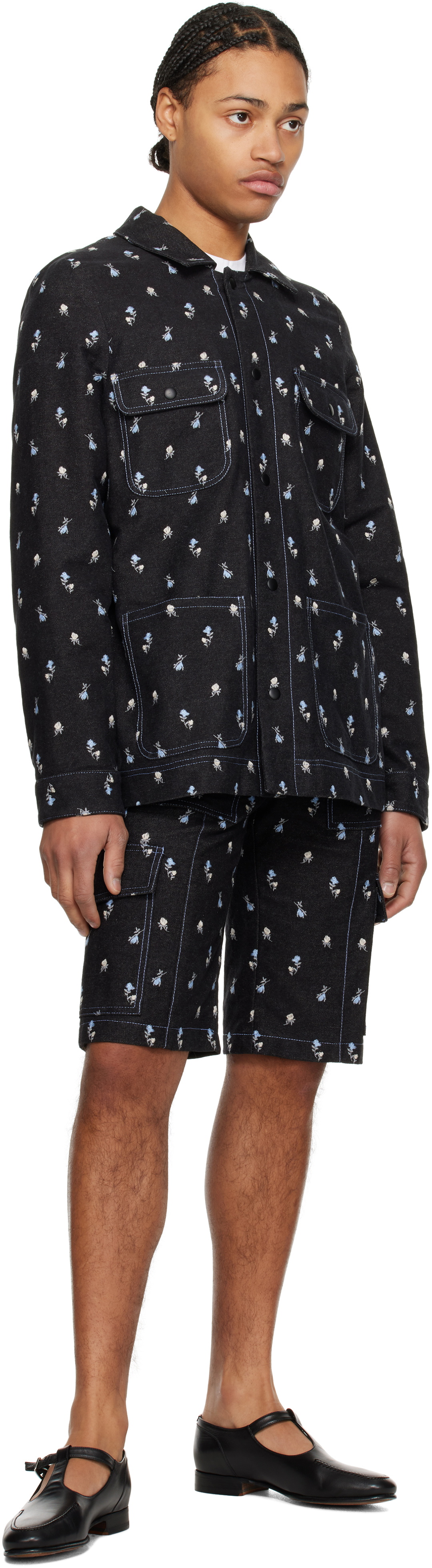 Anna Sui Black Embroidered Roses Denim Cargo Shorts