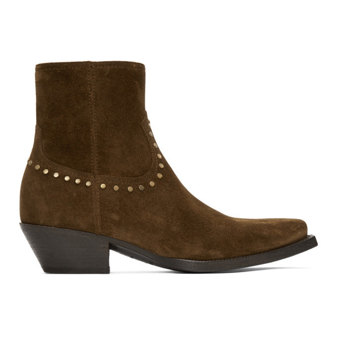 Photo: Saint Laurent Brown Suede Studded Lukas Boots
