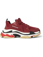 BALENCIAGA - Triple S Mesh, Nubuck and Leather Sneakers - Burgundy