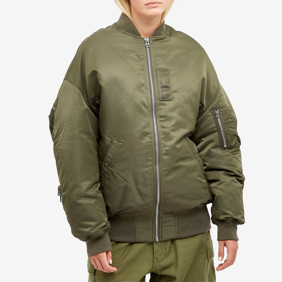 R13 Women s Zip Out Down Bomber Jacket in Olive R13