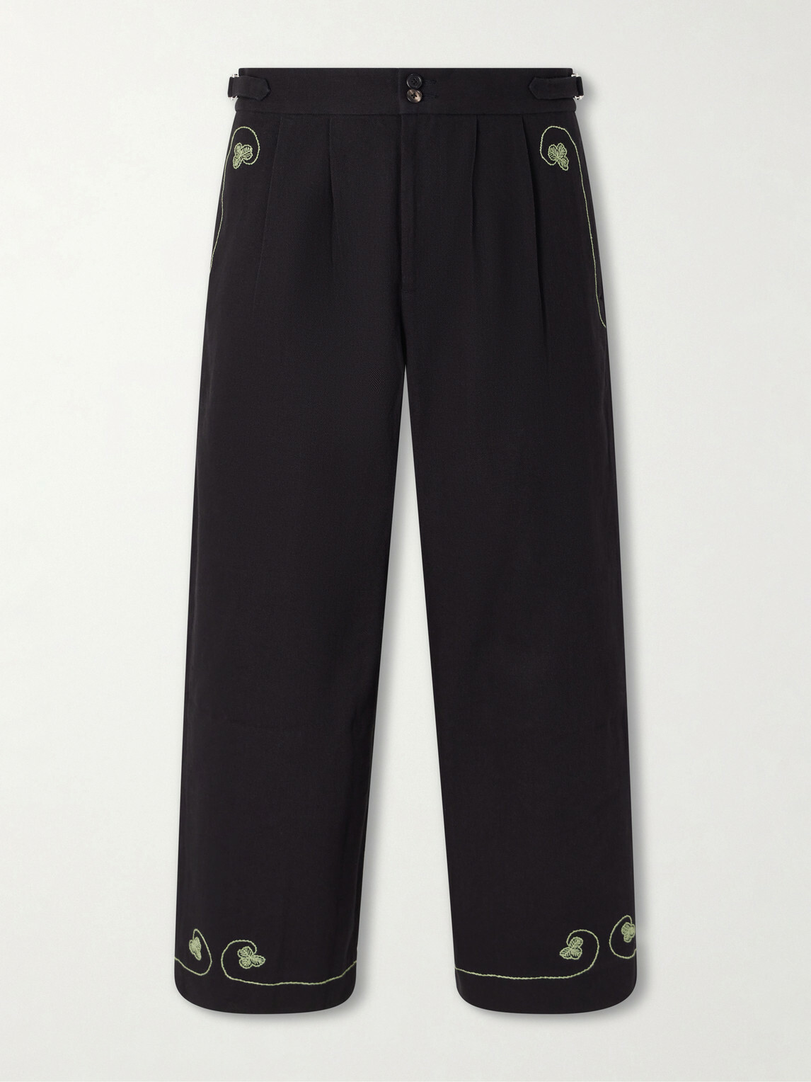 BODE - Lucky Draw Straight-Leg Pleated Embroidered Cotton-Twill Trousers - Black