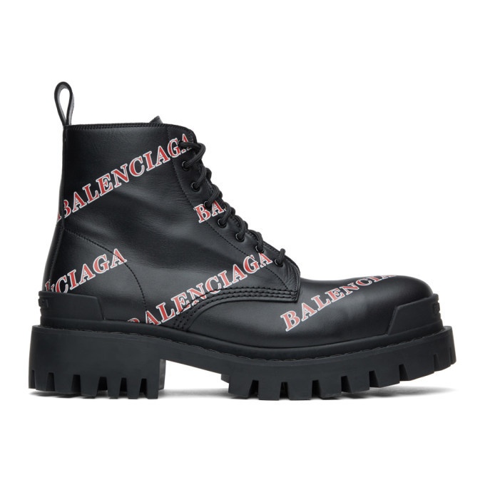 Photo: Balenciaga Black and Red Allover Logo Strike Boots