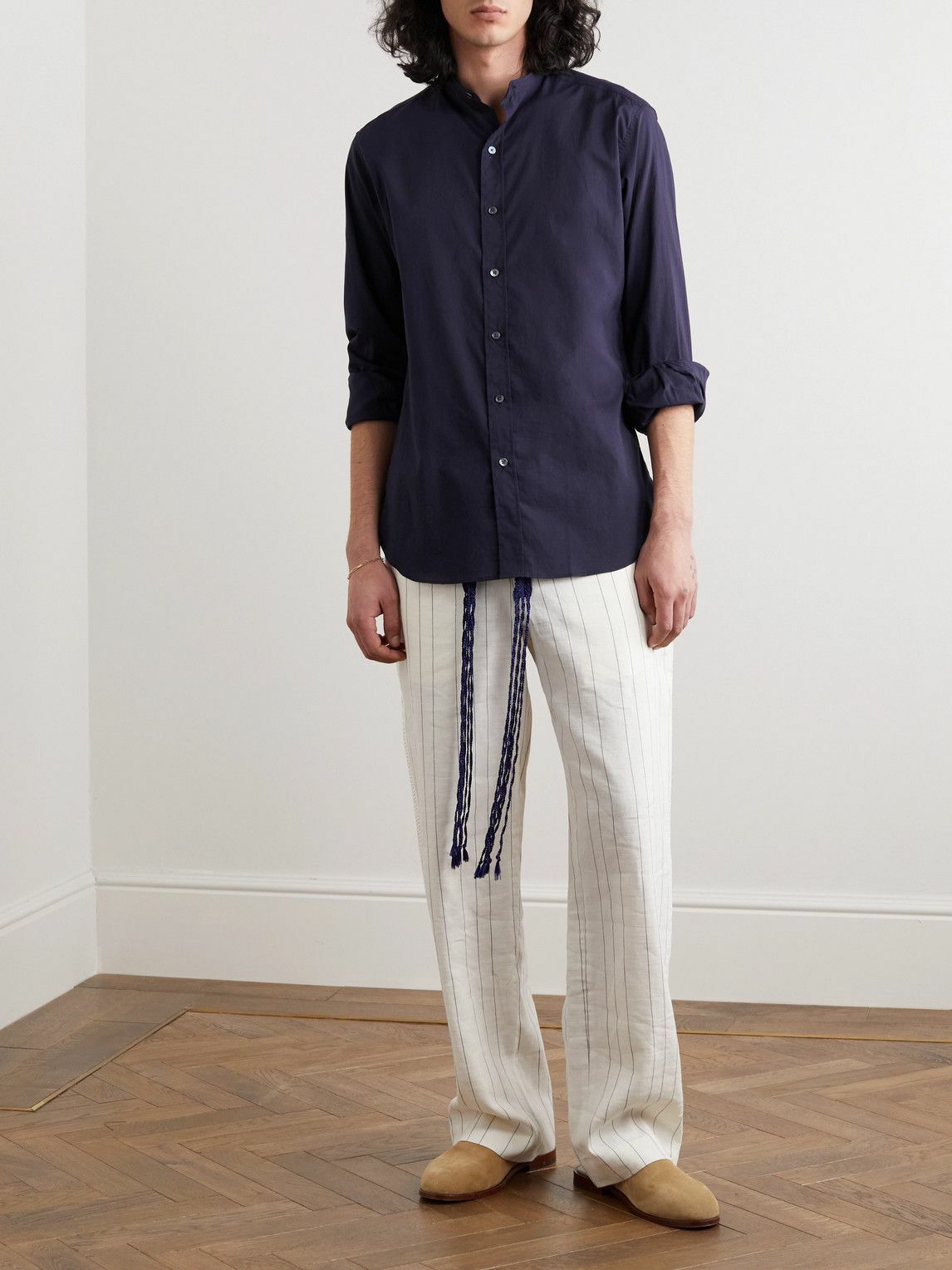 Sebline - Eton Grandad-Collar Cotton-Voile Shirt - Blue