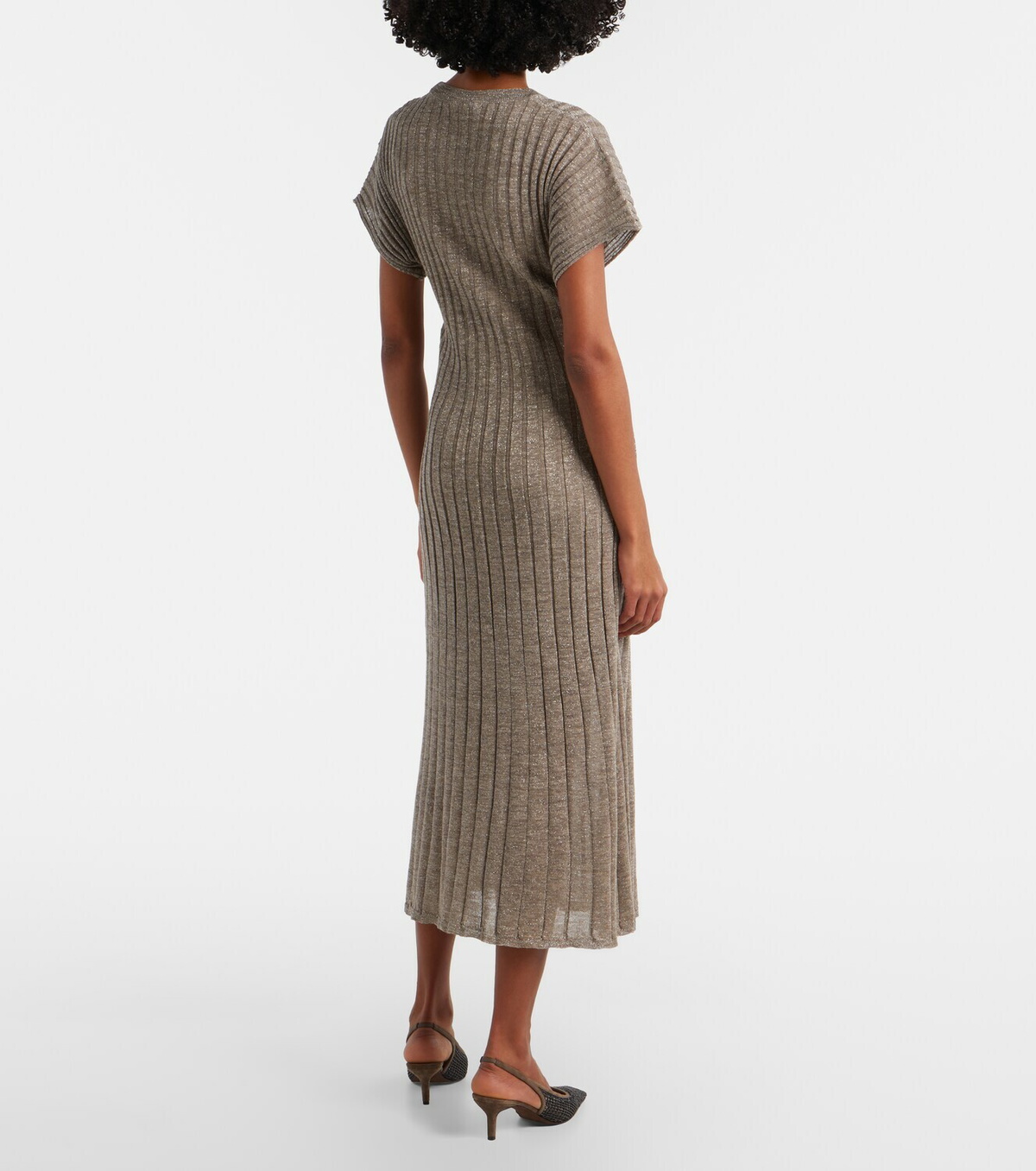 Brunello Cucinelli Ribbed-knit lamé midi dress