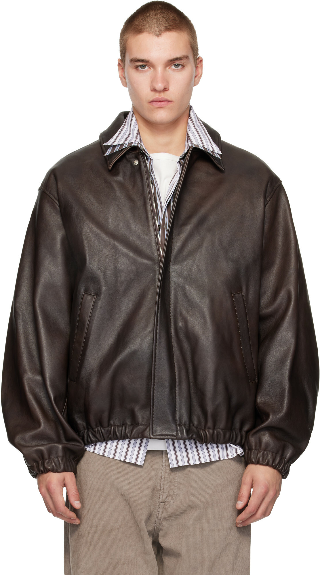 ssstein Brown Sheep Leather Zip Short Jacket