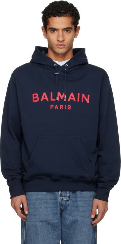 Photo: Balmain Navy Printed 'Balmain' Paris Hoodie