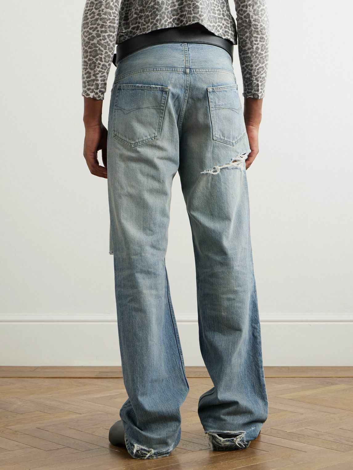 Balenciaga - Straight-Leg Belted Distressed Selvedge Jeans - Blue