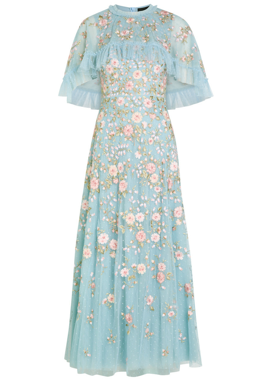 Needle & Thread Eden Rose Embroidered Cape-effect Tulle Gown Blue